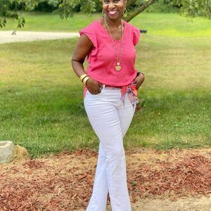 CAbi Pink Flutter Sleeve V-Neck Top